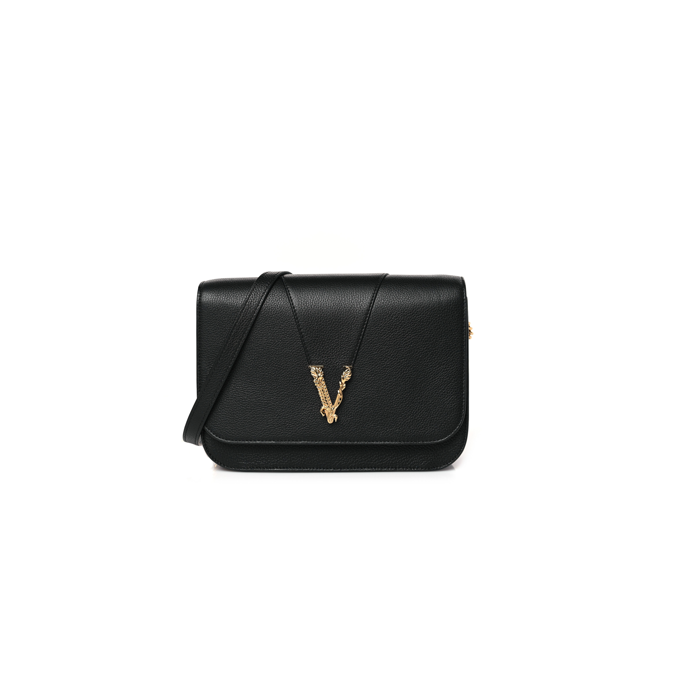 VERSACE GRAINY CALFSKIN VIRTUS CHAIN CROSSBODY BLACK (18*11*4cm)