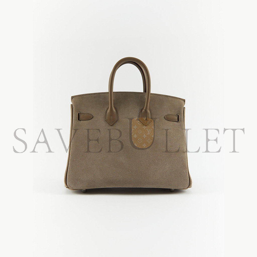 HERMES BIRKIN 25 GRIZZLY SUEDE GRIS CAILLOU SWIFT PALLADIUM TOP HANDLE TOTE BAG  (25*19*12cm)