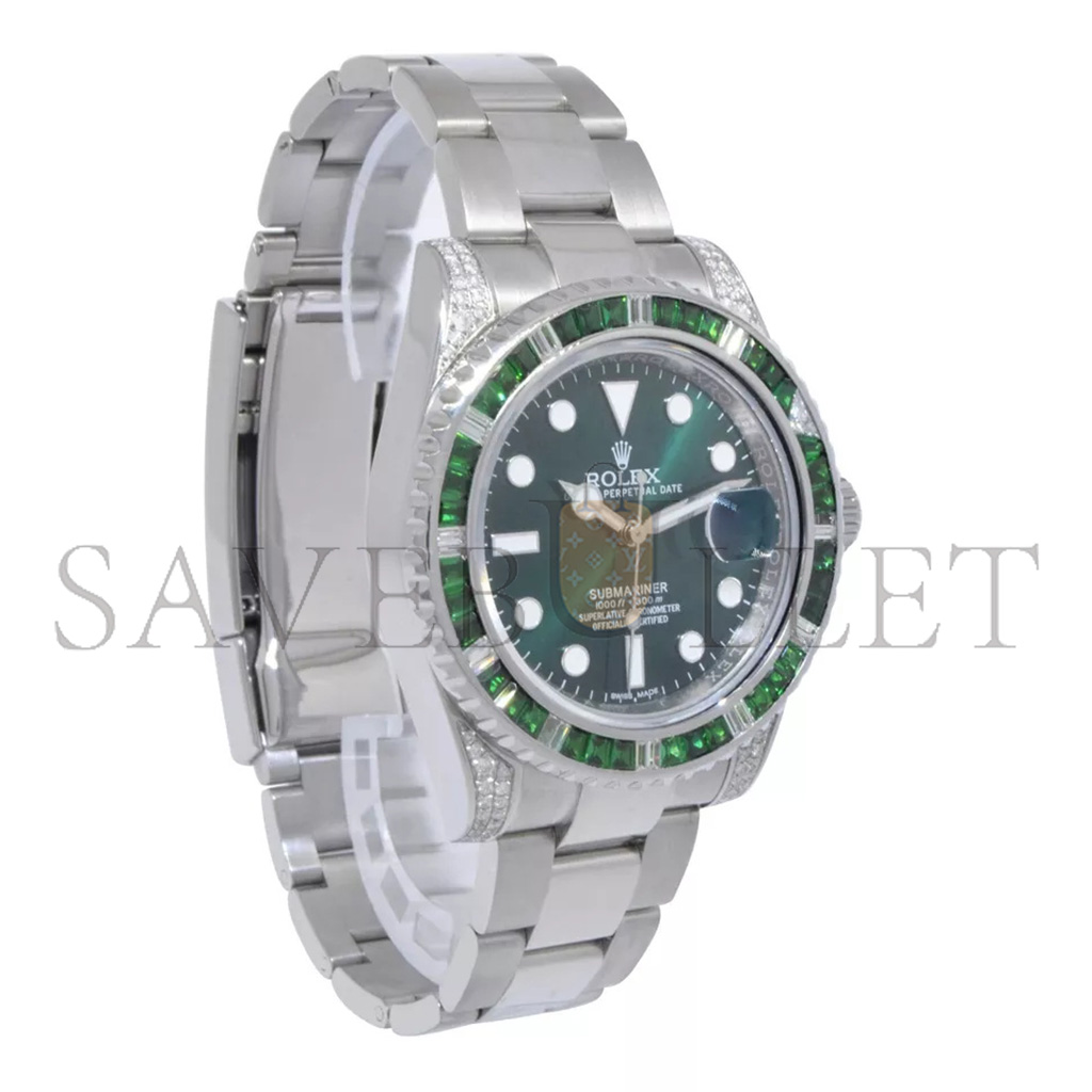 ROLEX SUBMARINER DATE STEEL GREEN STONES & DIAMOND 40MM WATCH 116610