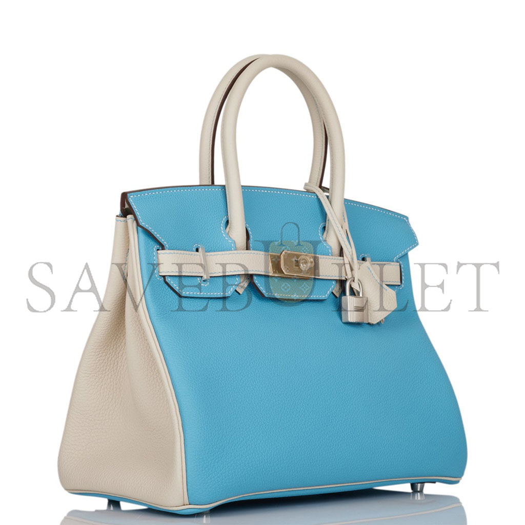 HERMES MASTER BIRKIN 25 TOGO LEATHER NORTHERN BLUE AND MILKSHAKE WHITE SILVER BUCKLE HANDBAG 2161400178398 (25*20*13cm)