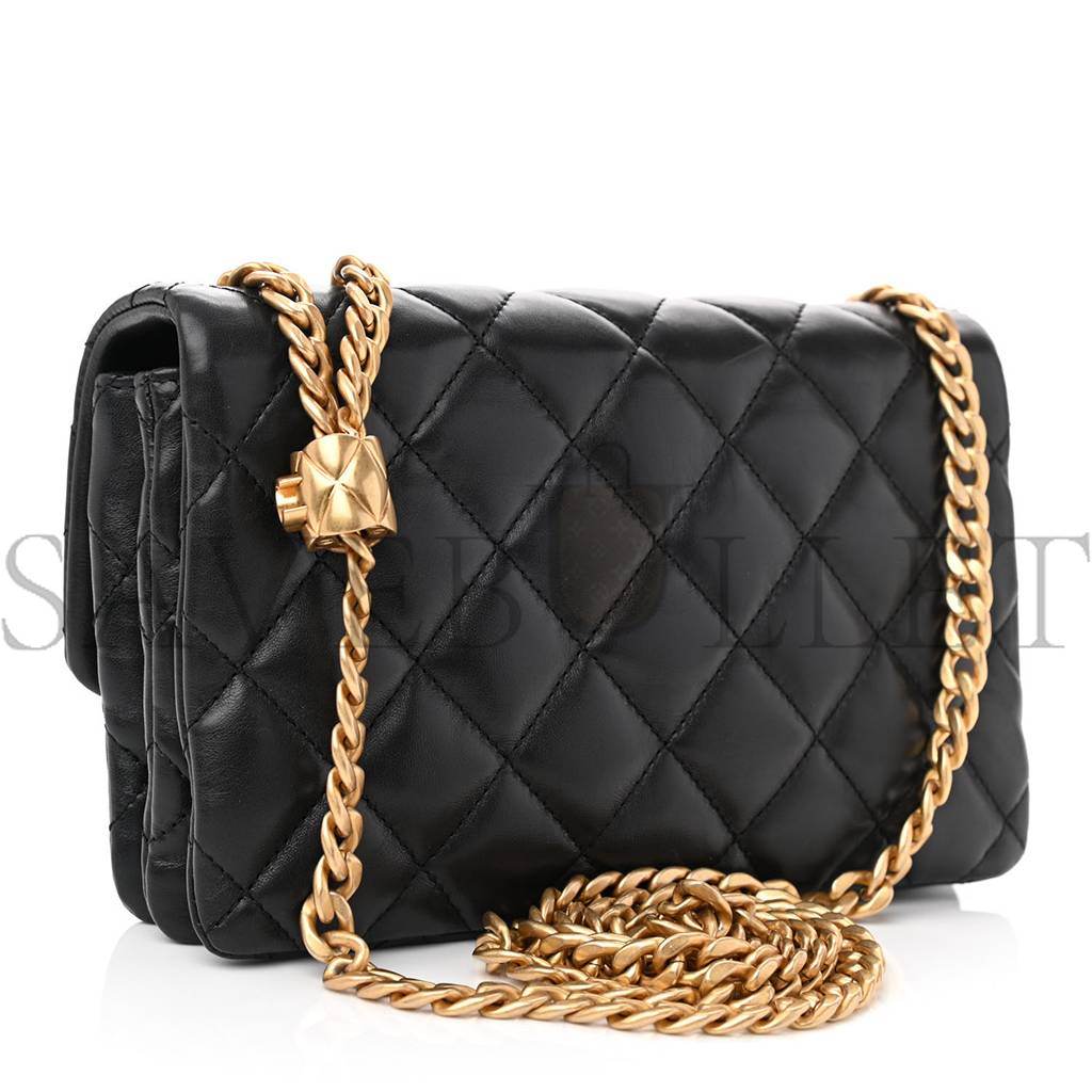 CHANEL LAMBSKIN QUILTED SMALL PILLOW CRUSH FLAP BLACK GOLD HARDWARE (22*13*6cm)