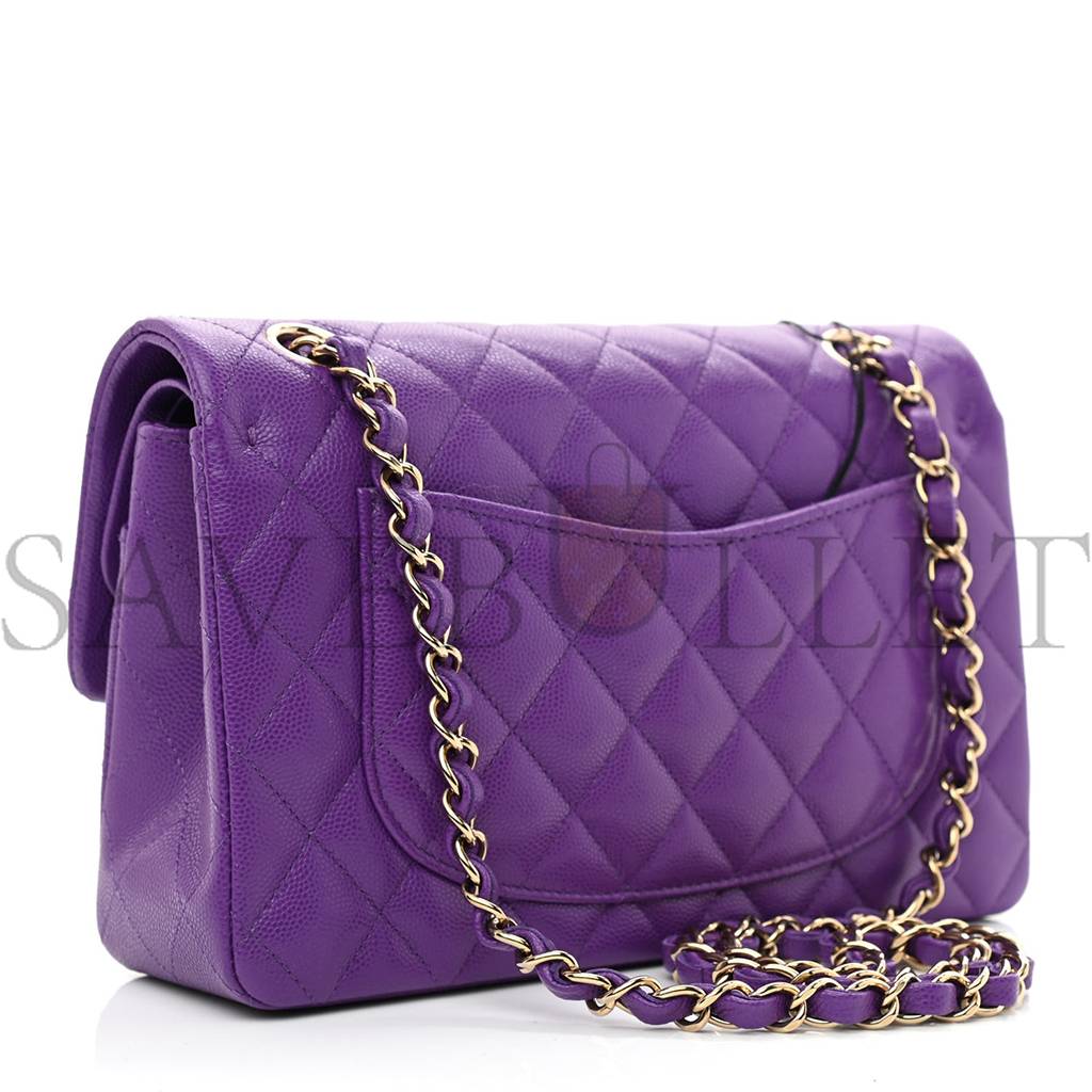 CHANEL CAVIAR QUILTED SMALL DOUBLE FLAP DARK PURPLE ROSE GOLD HARDWARE (23*14*6cm)