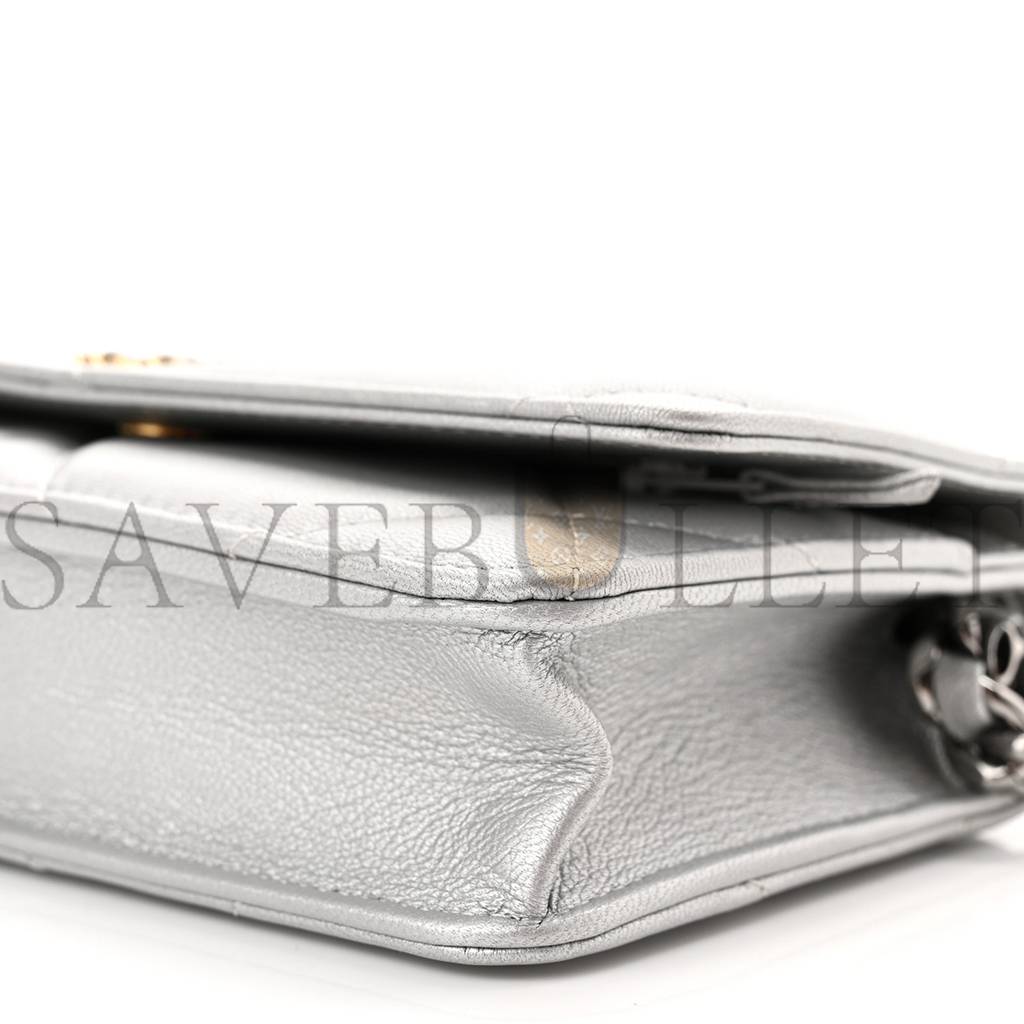 CHANEL METALLIC LAMBSKIN QUILTED CHANEL 19 WALLET ON CHAIN WOC SILVER (19*11*3cm)