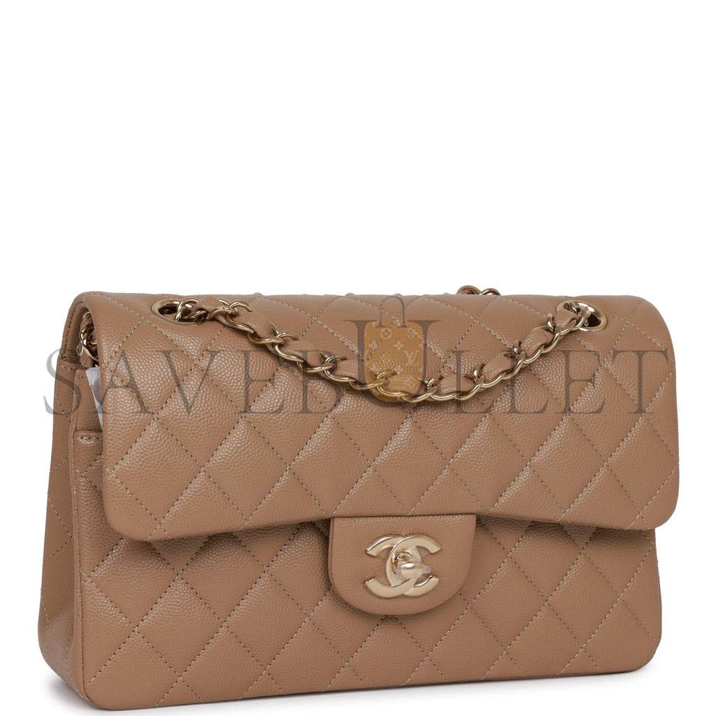 CHANEL SMALL CLASSIC DOUBLE FLAP DARK BEIGE CAVIAR LIGHT GOLD HARDWARE (23*13*6cm)