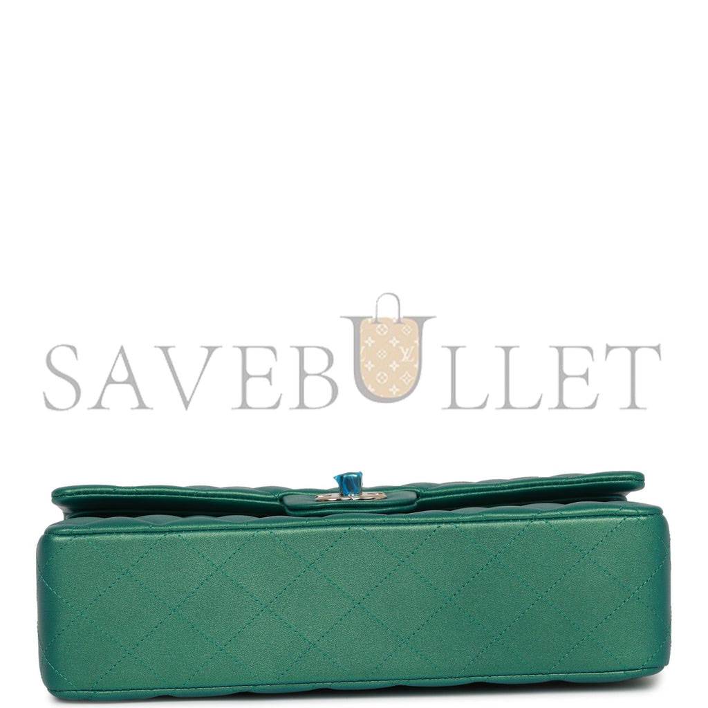 CHANEL MEDIUM CLASSIC DOUBLE FLAP BAG GREEN IRIDESCENT LAMBSKIN LIGHT GOLD HARDWARE (25*15*7cm)