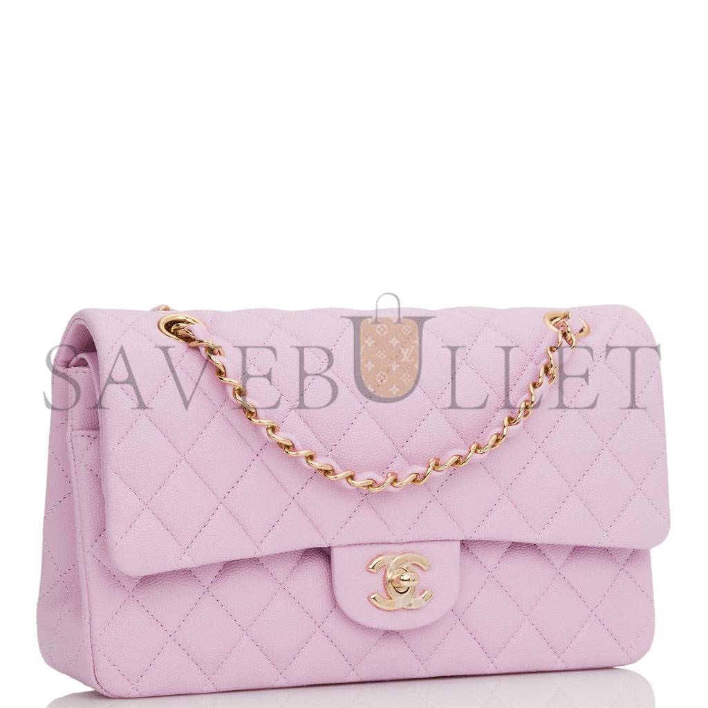 CHANEL MEDIUM CLASSIC DOUBLE FLAP BAG ROSE CLAIR CAVIAR LIGHT GOLD HARDWARE (25*15*7cm)