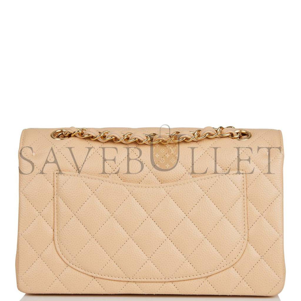 CHANEL SMALL CLASSIC DOUBLE FLAP BAG BEIGE CAVIAR GOLD HARDWARE (23*13*6cm)