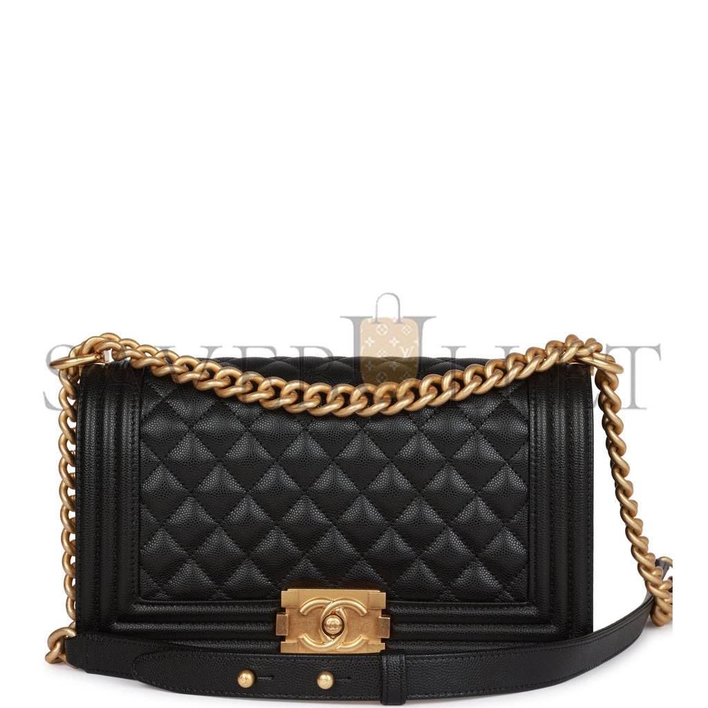 CHANEL MEDIUM BOY BAG BLACK CAVIAR ANTIQUE GOLD HARDWARE (25*15*9cm)