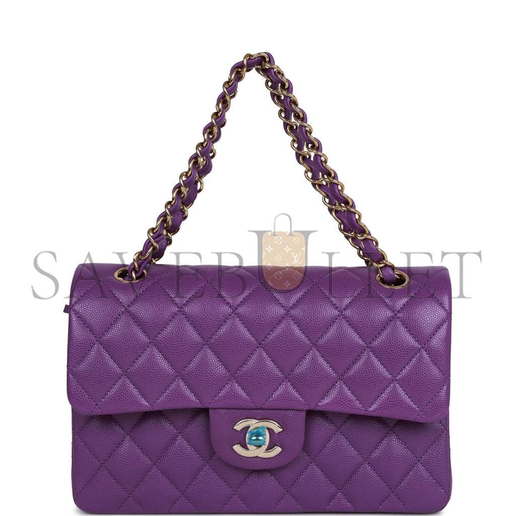 CHANEL SMALL CLASSIC DOUBLE FLAP PURPLE CAVIAR LIGHT GOLD HARDWARE (23*13*6cm)