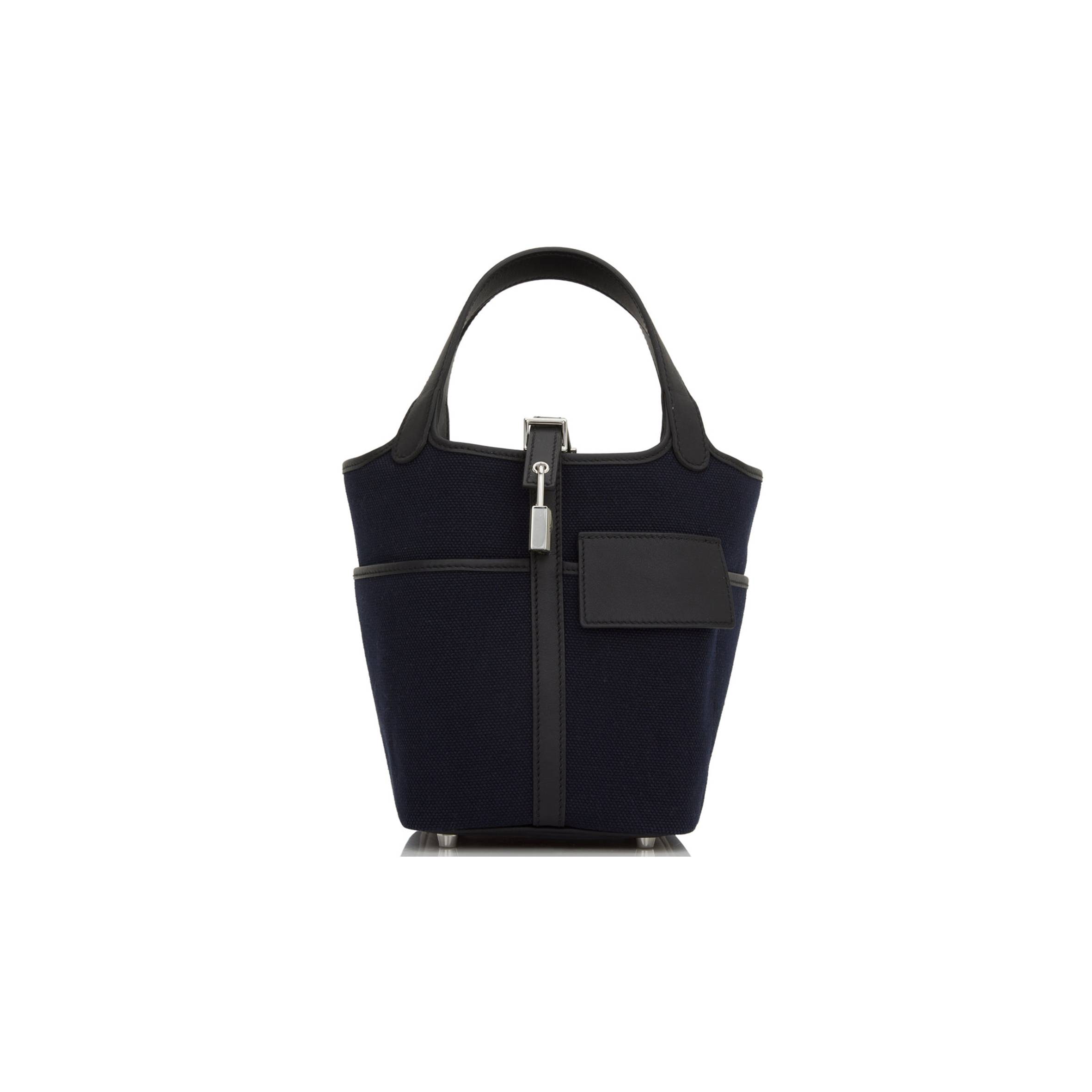 HERMES PICOTIN CARGO 18 BLEU MARINE AND BLACK SWIFT AND TOILE CANVAS PALLADIUM HARDWAR(18*13*18cm)