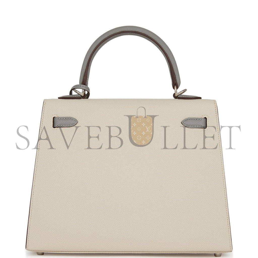 HERMES SPECIAL ORDER (HSS) KELLY SELLIER 25 CRAIE AND GRIS MOUETTE EPSOM BRUSHED PALLADIUM HARDWARE HANDMADE (25*17*7cm)