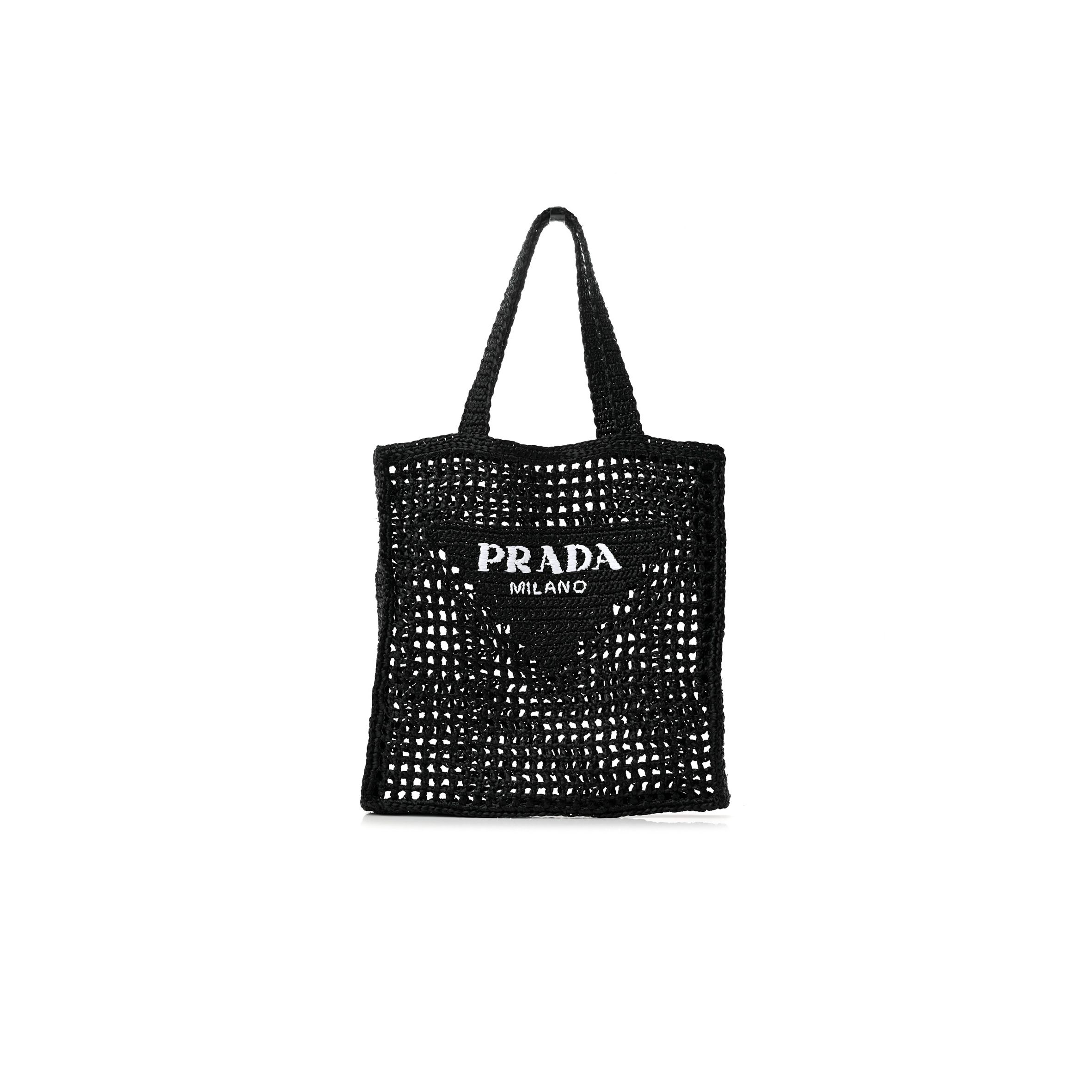 PRADA RAFFIA EMBROIDERED LOGO TOTE BAG BLACK (37*36*4cm)