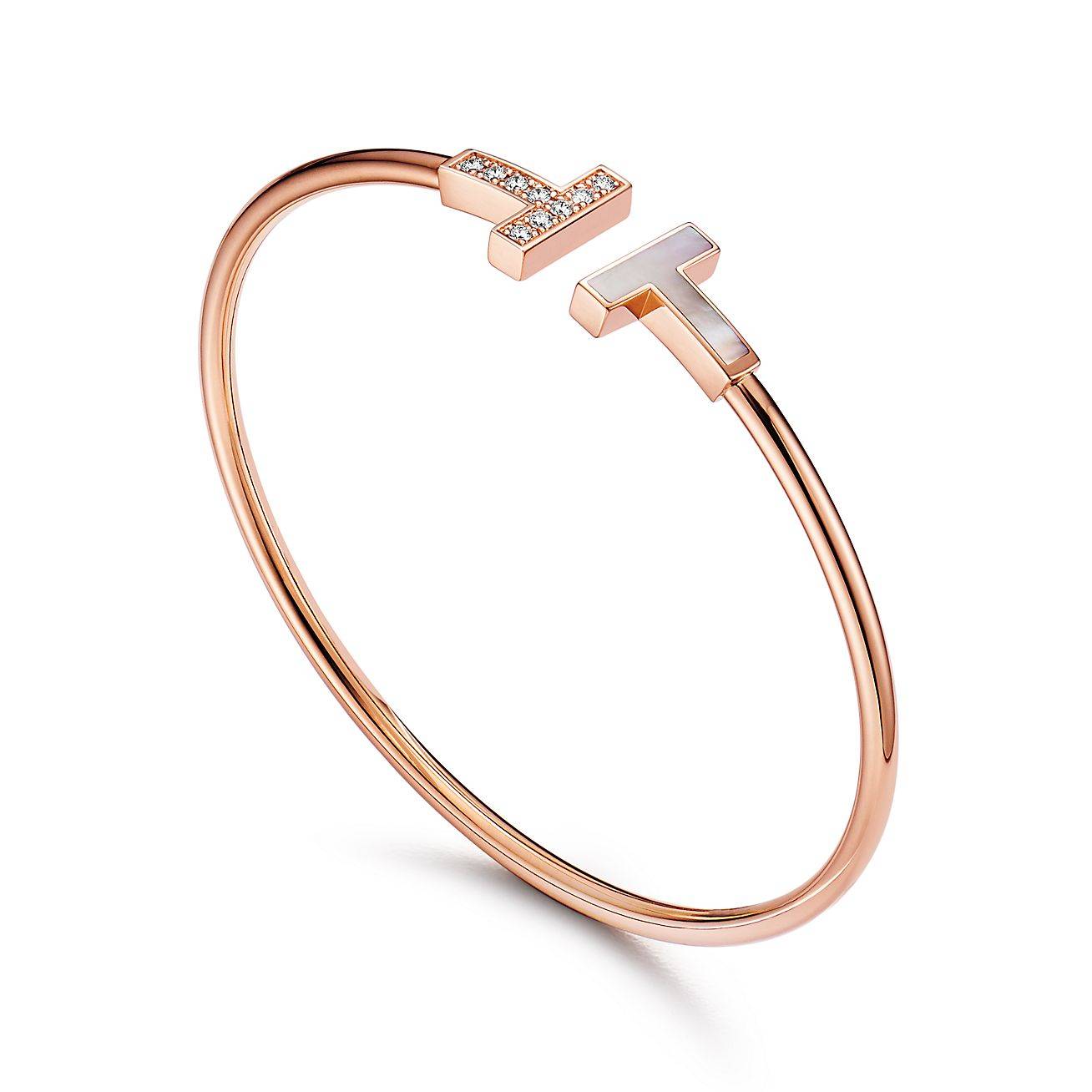 TIFFANY T WIRE BRACELET IN ROSE GOLD WITH DIAMONDS AND MOTHER-OF-PEARL