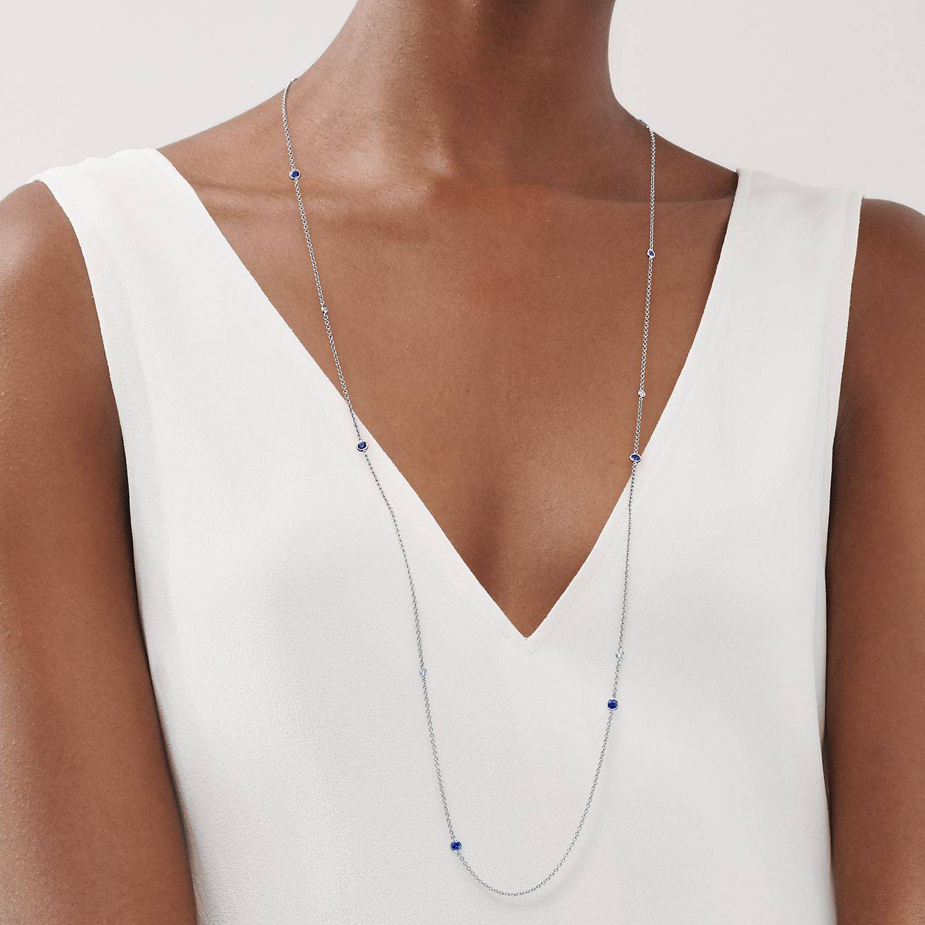 TIFFANY ELSA PERETTI® COLOR BY THE YARD SPRINKLE NECKLACE IN PLATINUM WITH SAPPHIRES AND DIAMONDS