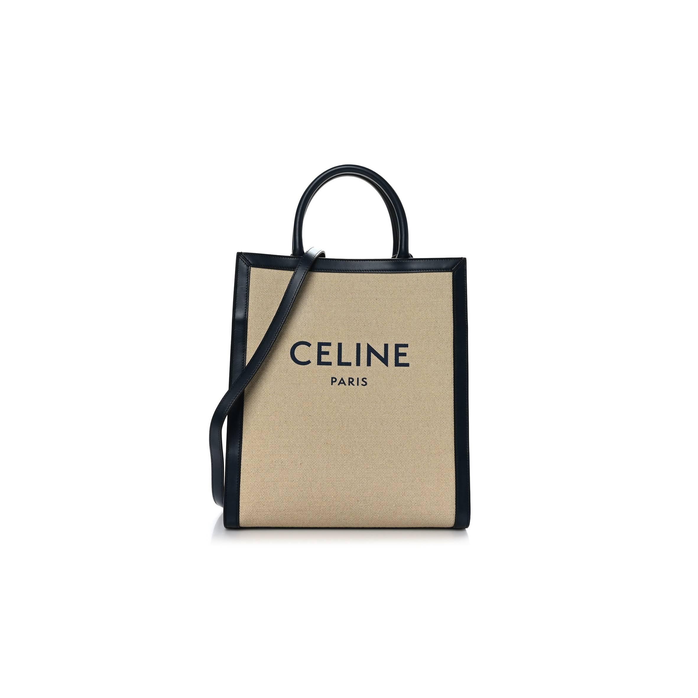 CELINE CANVAS CALFSKIN LOGO PRINT SMALL VERTICAL CABAS NATURAL NAVY (32*28*8cm)