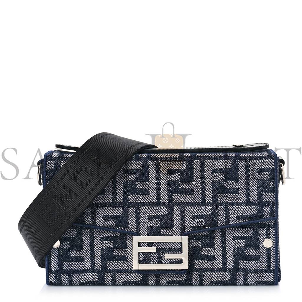 FENDI FABRIC JACQUARD REACTIVE JEAN DENIM VITELLO COVER FF BAGUETTE SOFT TRUNK BLUE BLACK (21*12*6cm)