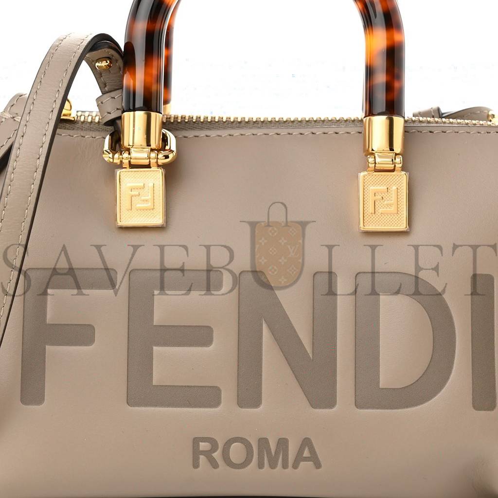 FENDI VITELLO KING PLEXIGLASS LOGO EMBOSSED MINI BY THE WAY TOP HANDLE BOSTON BAG TORTORA (18*11*8cm) 